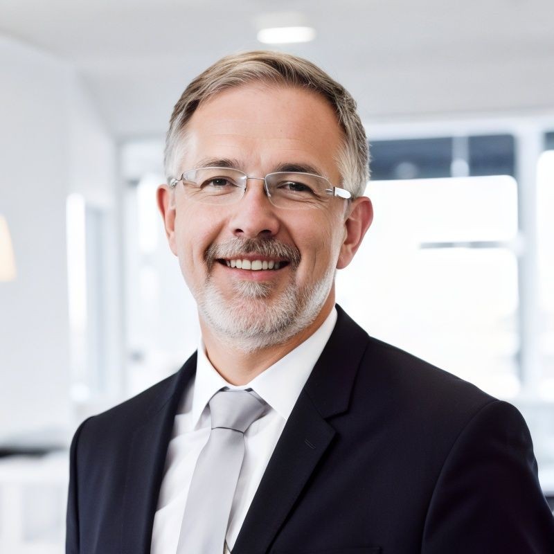 Businessman wearing a dark suit and tie standing in a modern, bright office environment.